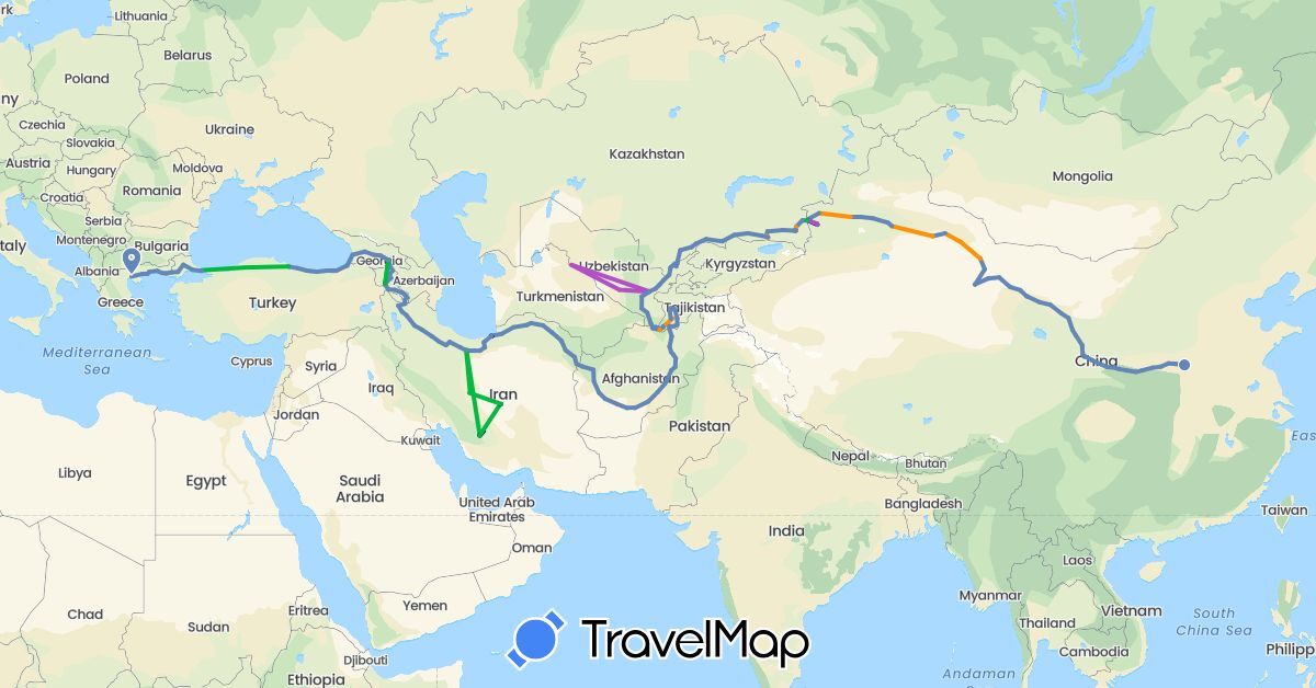 TravelMap itinerary: driving, bus, cycling, train, hitchhiking in Afghanistan, Armenia, China, Georgia, Iran, Kazakhstan, Tajikistan, Uzbekistan (Asia)